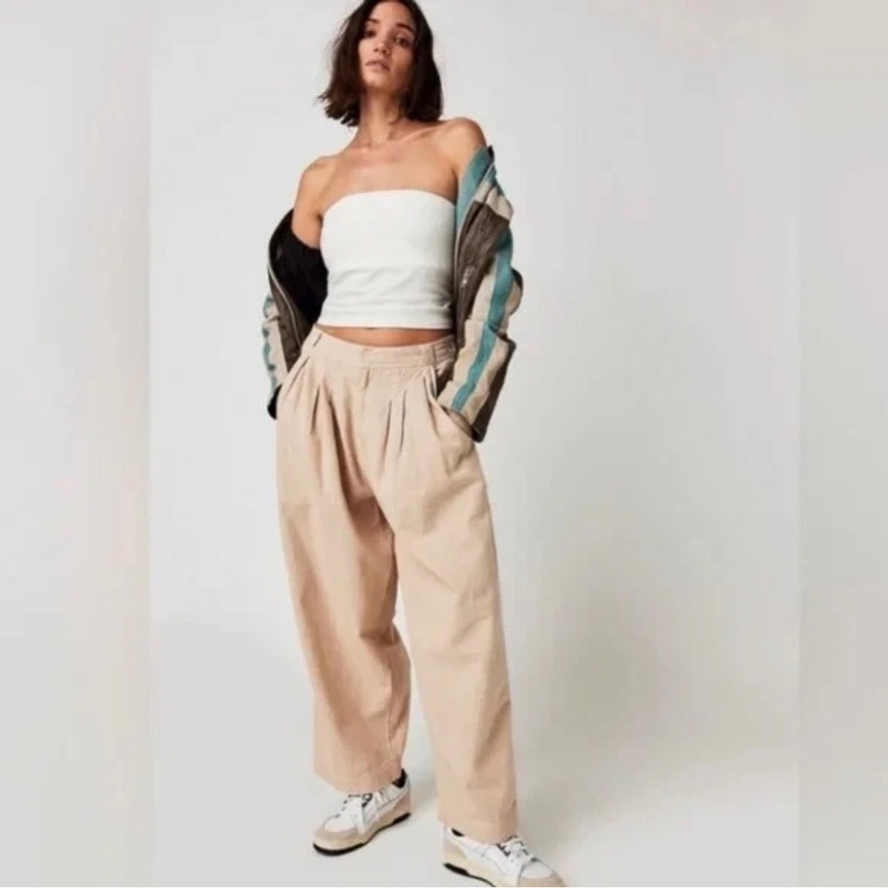 Free People Lotta Love Pleated Trousers Womens 2 Pebble Beige High Rise Cotton
